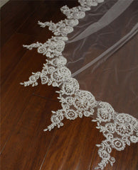 The Victoria – Handmade Antique Lace Trimmed Cathedral Bridal Veil  w/ Blusher Layer