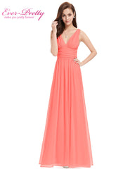 Elegant Wide Waist Sweep Train Empire Ruched Double V-neck & Back Bridesmaid Dress - Available in 14 colors