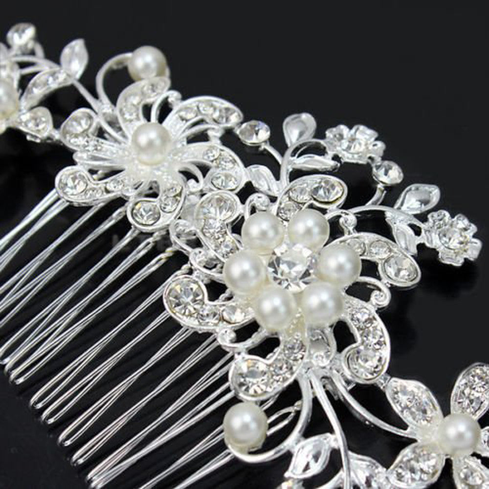 Flower Diamante Crystal Pearls Hair Clip Comb