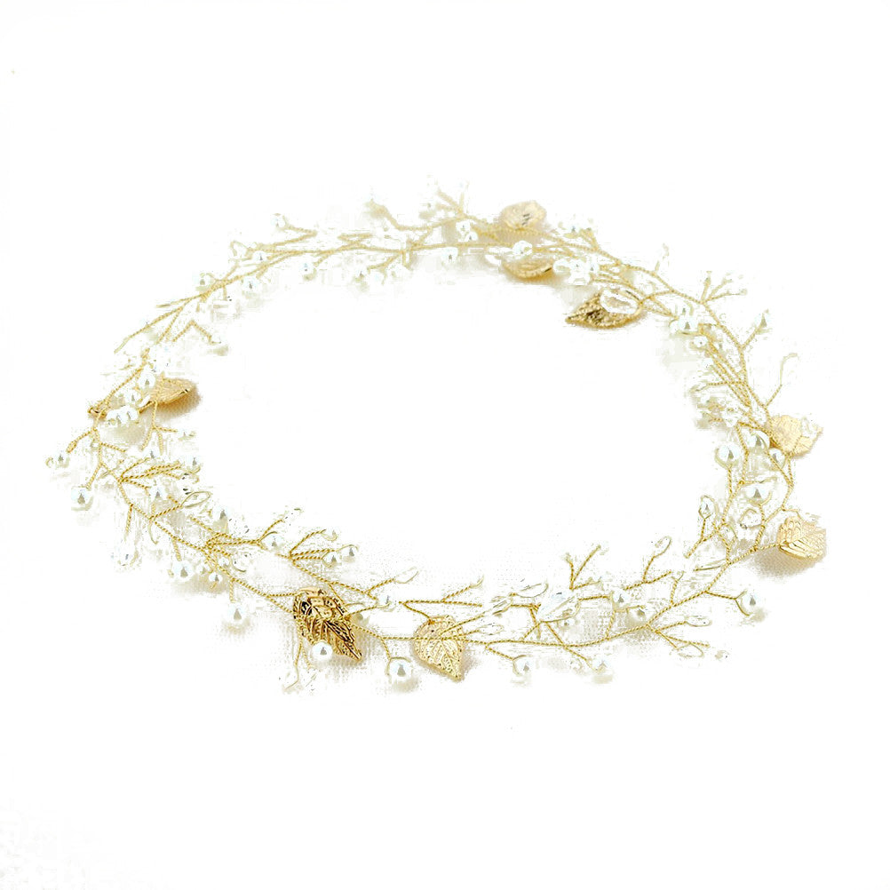 Handmade Crystal Pearl & Gold LEaf  Bridal  Hair Vine