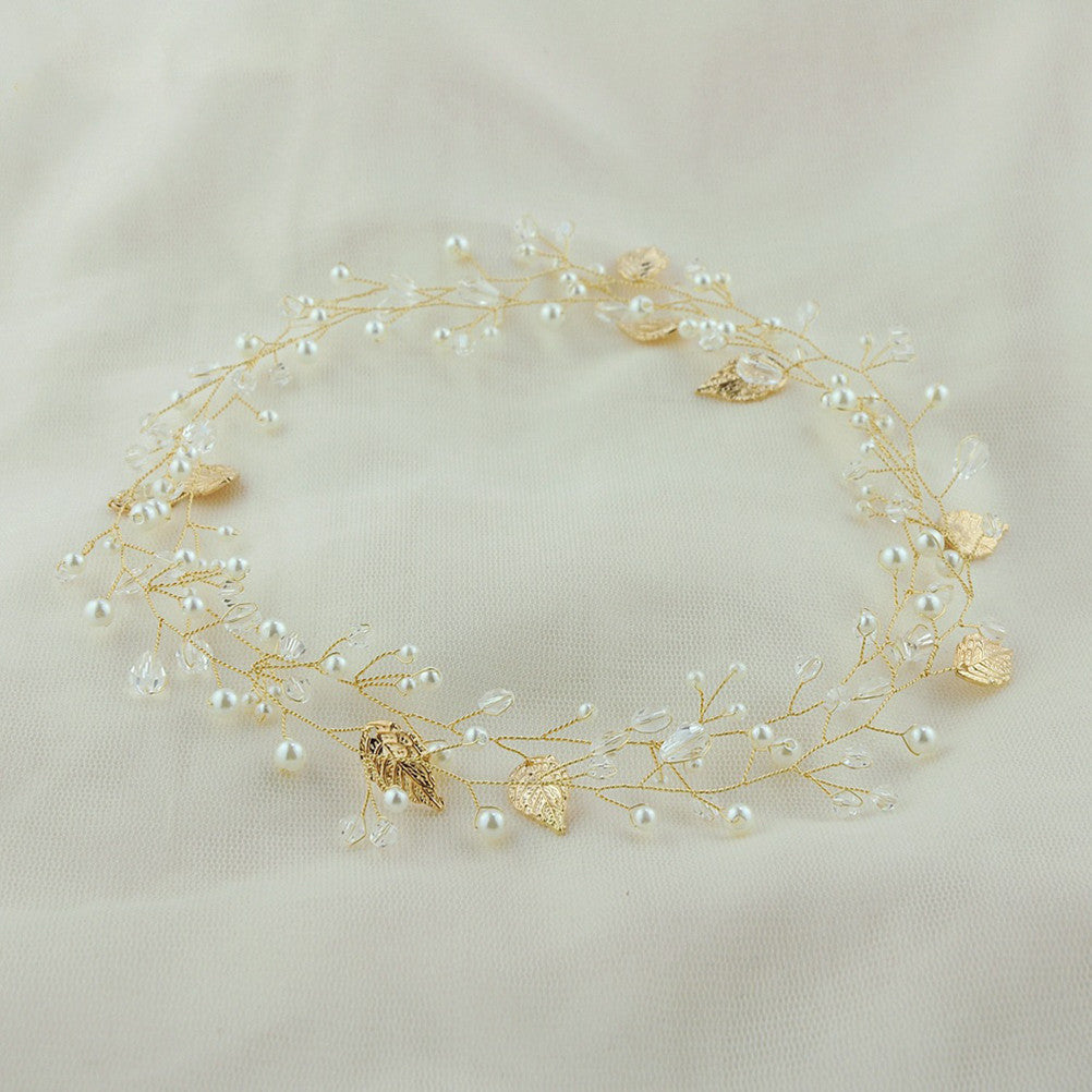 Handmade Crystal Pearl & Gold LEaf  Bridal  Hair Vine