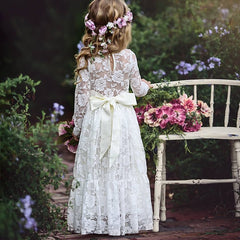 Beautiful Bohemian Style Long Lace Bow Tie Back Flower Girl Dress